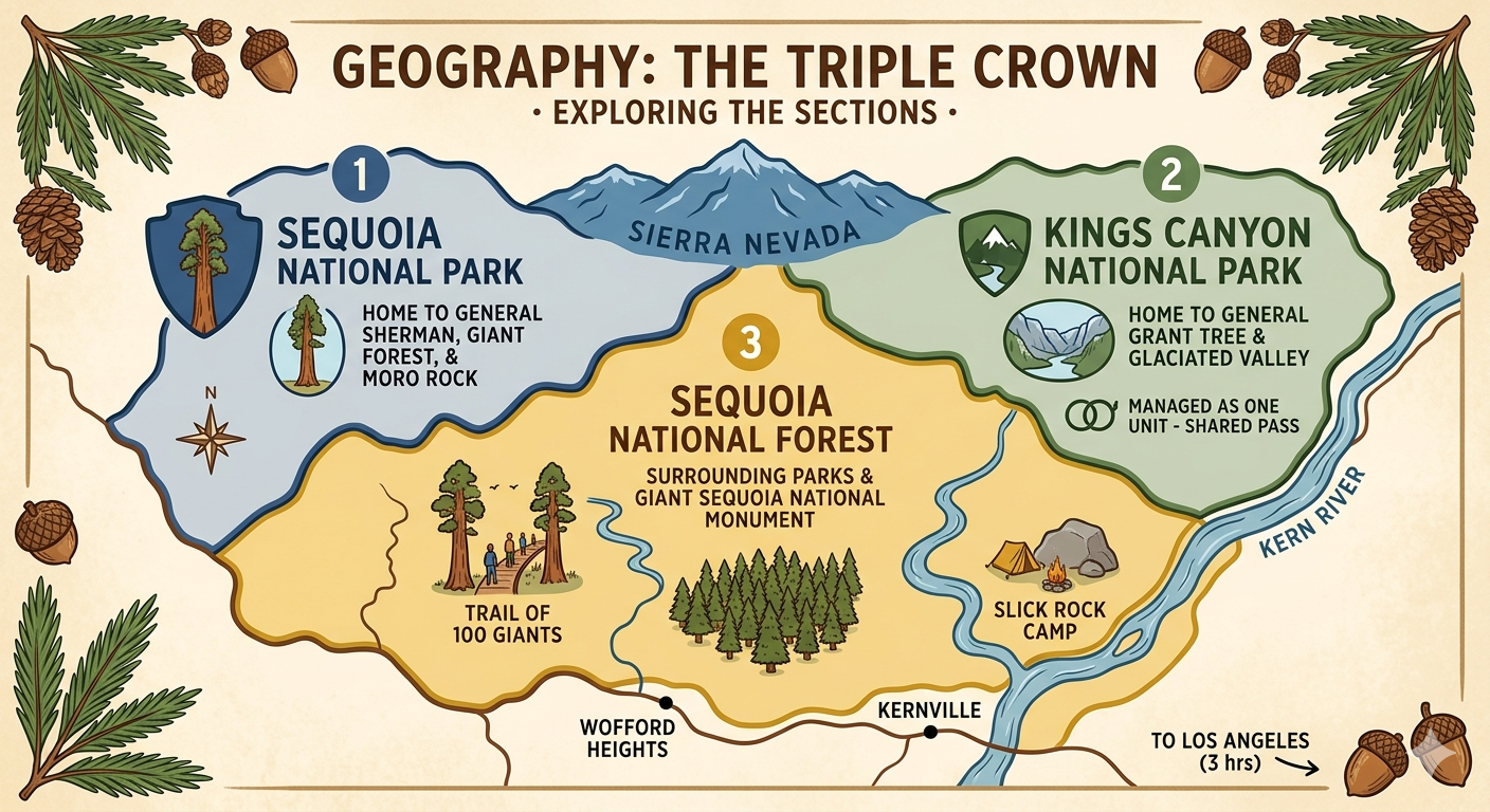 Map showing the three distinct areas: Sequoia National Park, Kings Canyon National Park, and Sequoia National Forest